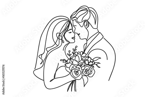 Elegant Line Art Captures a Newly Married Couple Sharing a Kiss During Their Wedding Ceremony Beautiful Moment of Love