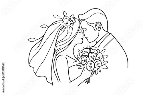 Elegant Line Art Captures a Newly Married Couple Sharing a Kiss During Their Wedding Ceremony Beautiful Moment of Love
