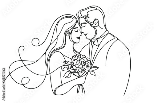 Elegant Line Art Captures a Newly Married Couple Sharing a Kiss During Their Wedding Ceremony Beautiful Moment of Love