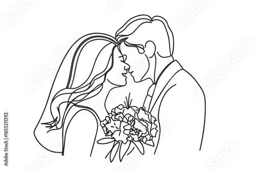Elegant Line Art Captures a Newly Married Couple Sharing a Kiss During Their Wedding Ceremony Beautiful Moment of Love