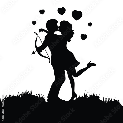 Romantic Silhouette of a Couple Embracing  in a Grassy Landscape Depicted in Black