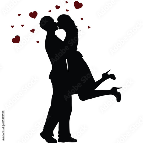 Romantic Silhouette of a Couple Embracing  in a Grassy Landscape Depicted in Black