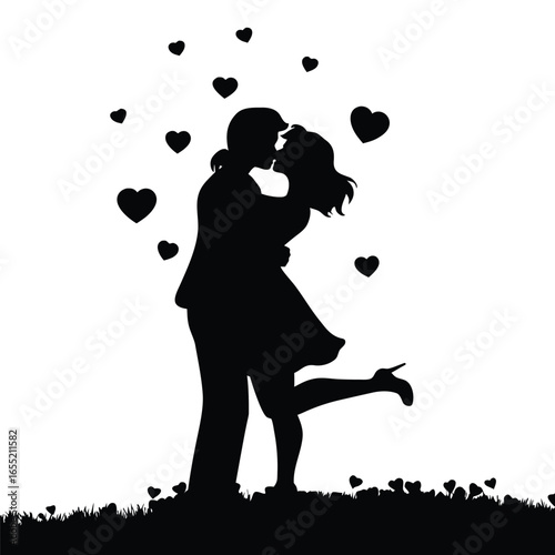 Romantic Silhouette of a Couple Embracing  in a Grassy Landscape Depicted in Black