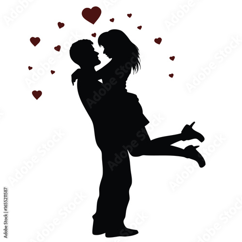 Romantic Silhouette of a Couple Embracing  in a Grassy Landscape Depicted in Black