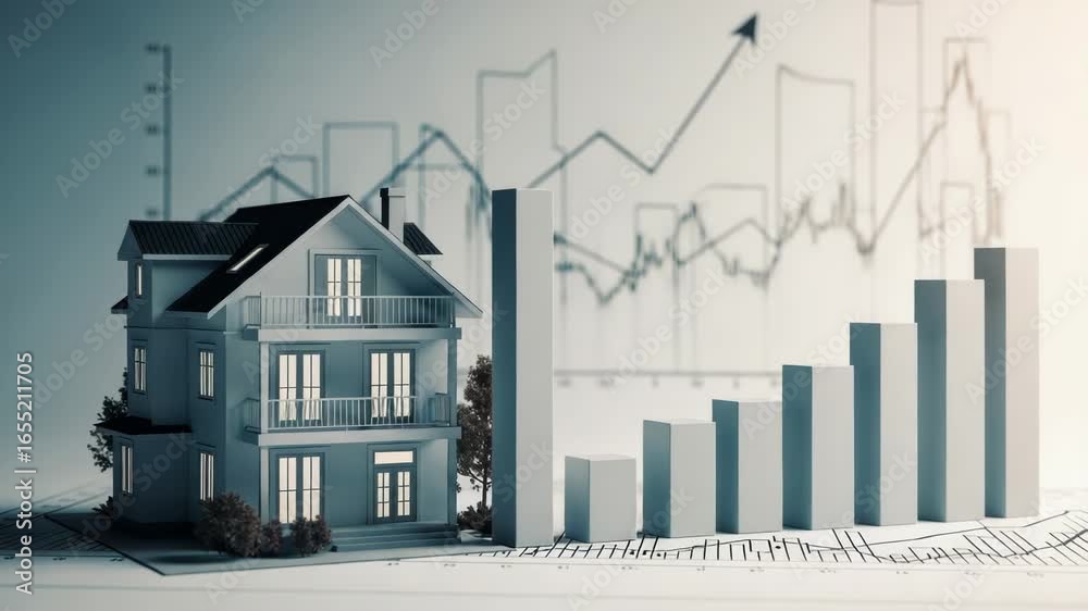 A miniature house sits beside a rising bar graph and financial charts, symbolizing real estate investment growth and market trends