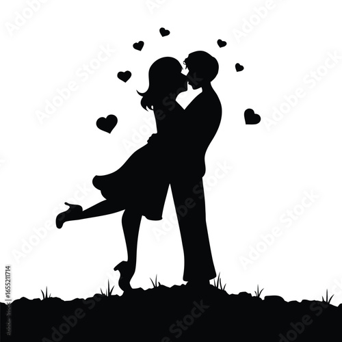Romantic Silhouette of a Couple Embracing  in a Grassy Landscape Depicted in Black
