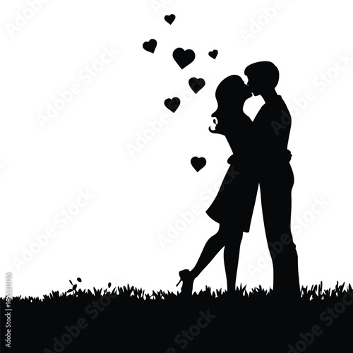 Romantic Silhouette of a Couple Embracing  in a Grassy Landscape Depicted in Black