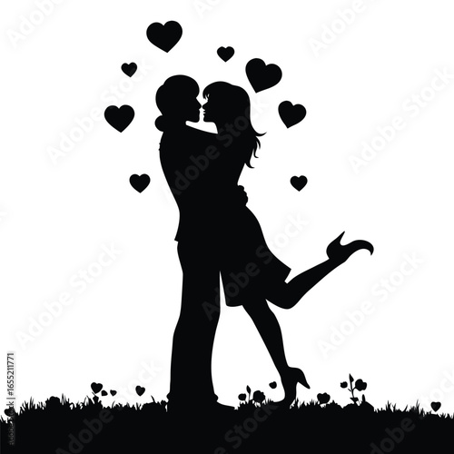 Romantic Silhouette of a Couple Embracing  in a Grassy Landscape Depicted in Black