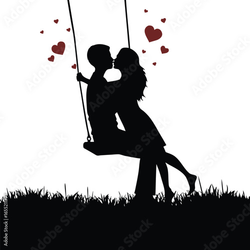 Romantic Silhouette of a Couple Embracing  in a Grassy Landscape Depicted in Black