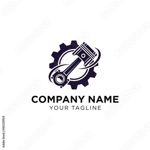 A mechanical logo template with a piston and connecting rod inside a gear with a dynamic swoosh.