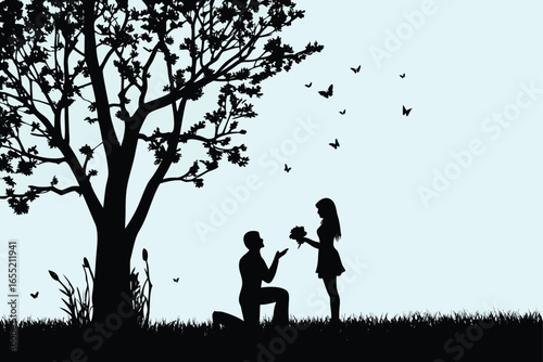 Romantic Silhouette Scene A Proposal Under a Tree with Birds Flying into the Sky Expressing Love
