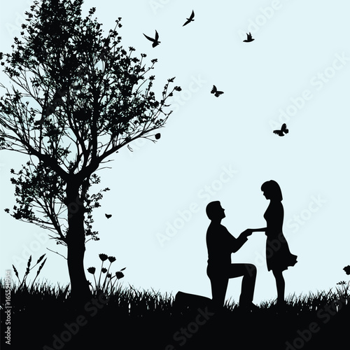 Romantic Silhouette Scene A Proposal Under a Tree with Birds Flying into the Sky Expressing Love