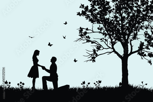 Romantic Silhouette Scene A Proposal Under a Tree with Birds Flying into the Sky Expressing Love
