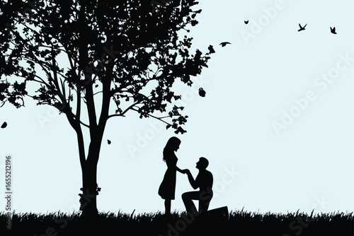 Romantic Silhouette Scene A Proposal Under a Tree with Birds Flying into the Sky Expressing Love