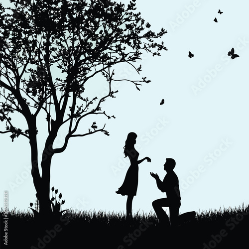 Romantic Silhouette Scene A Proposal Under a Tree with Birds Flying into the Sky Expressing Love