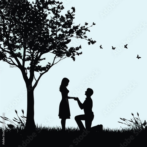Romantic Silhouette Scene A Proposal Under a Tree with Birds Flying into the Sky Expressing Love