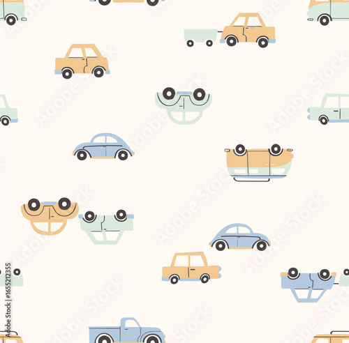 Seamless car pattern with color blue, mustard, green. On cream background, cute pattern for baby boys and bedding, blankets, clothes etc.