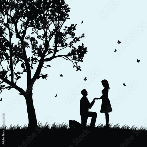Romantic Silhouette Scene A Proposal Under a Tree with Birds Flying into the Sky Expressing Love