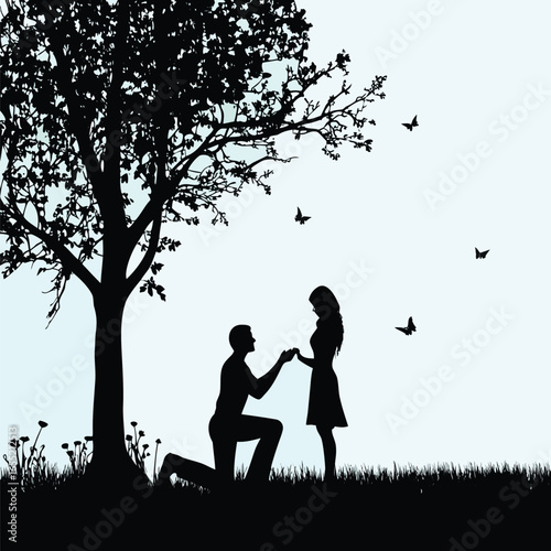 Romantic Silhouette Scene A Proposal Under a Tree with Birds Flying into the Sky Expressing Love