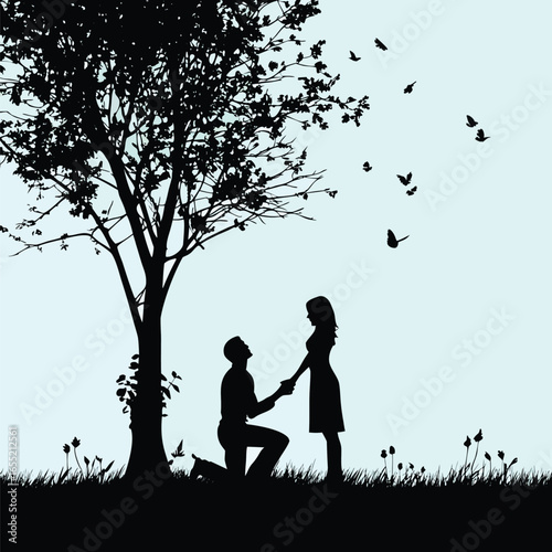 Romantic Silhouette Scene A Proposal Under a Tree with Birds Flying into the Sky Expressing Love