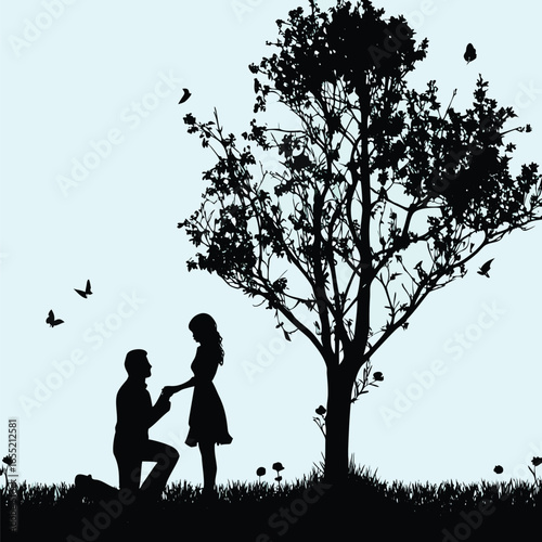 Romantic Silhouette Scene A Proposal Under a Tree with Birds Flying into the Sky Expressing Love