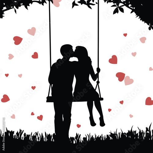 Silhouette of Romantic Couple Kissing on a Swing Surrounded by Hearts and Tree Branches, Evoking Love and Valentine's Day