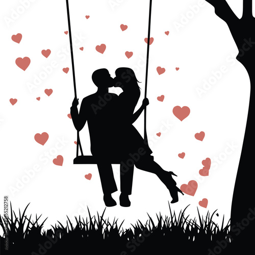 Silhouette of Romantic Couple Kissing on a Swing Surrounded by Hearts and Tree Branches, Evoking Love and Valentine's Day