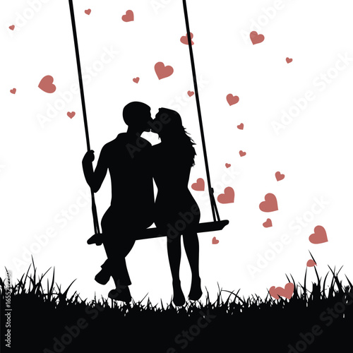 Silhouette of Romantic Couple Kissing on a Swing Surrounded by Hearts and Tree Branches, Evoking Love and Valentine's Day