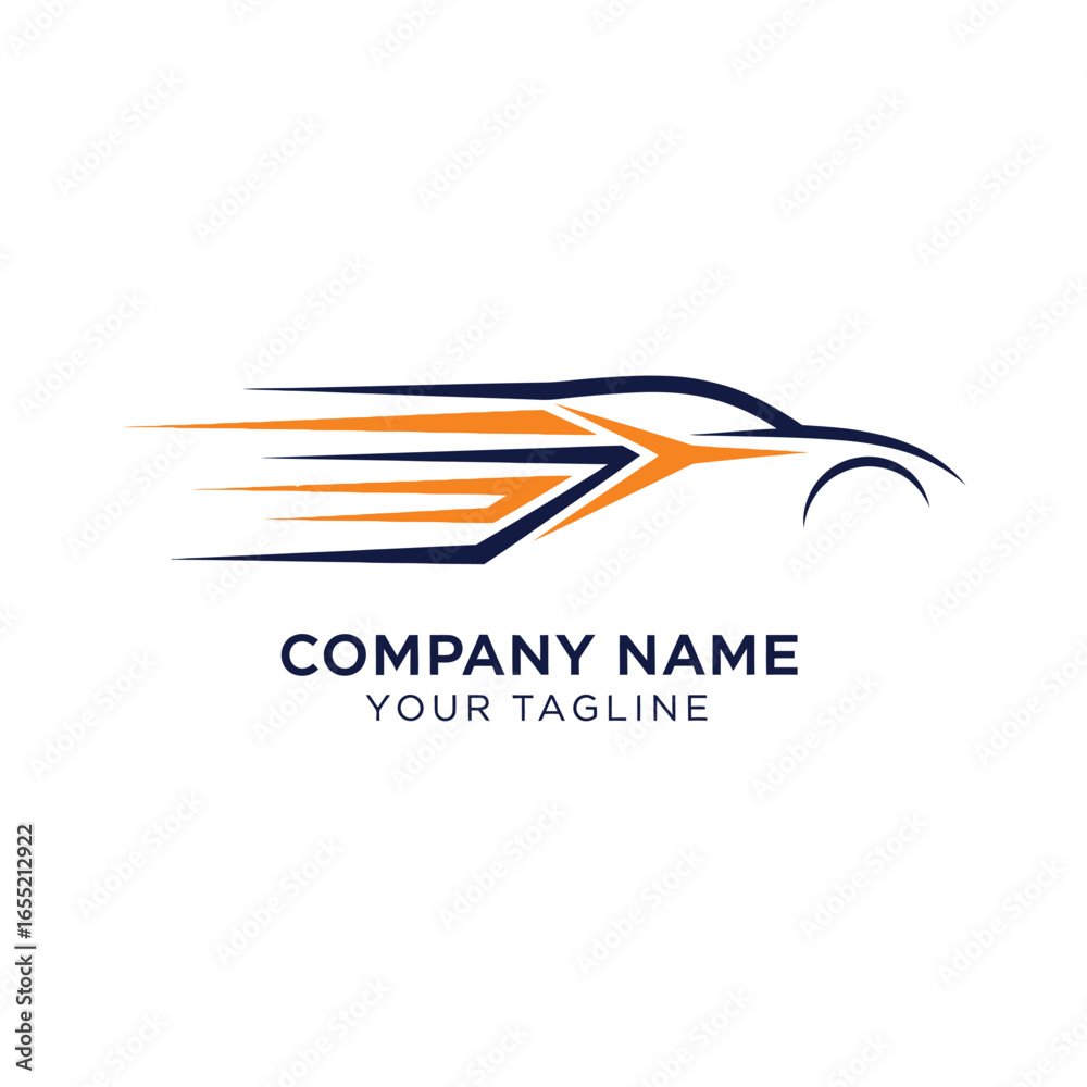 Obraz premium Sleek, stylized silhouette of a sports car with dynamic orange and blue streaks conveying speed and motion, accompanied by placeholder text for company name and tagline.
