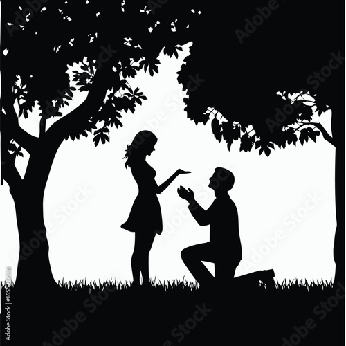 A Romantic Silhouette An Engagement Proposal Beneath a Sprawling Tree Capturing a Moment of Love and Commitment in Nature