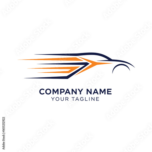 Sleek, stylized silhouette of a sports car with dynamic orange and blue streaks conveying speed and motion, accompanied by placeholder text for company name and tagline.