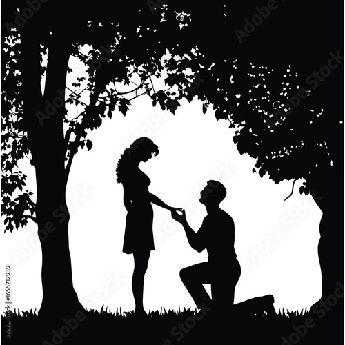 A Romantic Silhouette An Engagement Proposal Beneath a Sprawling Tree Capturing a Moment of Love and Commitment in Nature