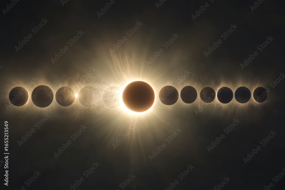Obraz premium Solar eclipse phases in sequential alignment with glowing corona