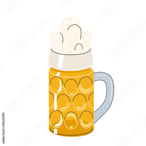 Full beer mug vector illustration with frothy foam overflowing traditional dimpled glass stein filled with golden lager isolated on white background Oktoberfest pub celebration icon