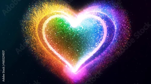 Abstract dissolving heart silhouette in shimmering rainbow particles