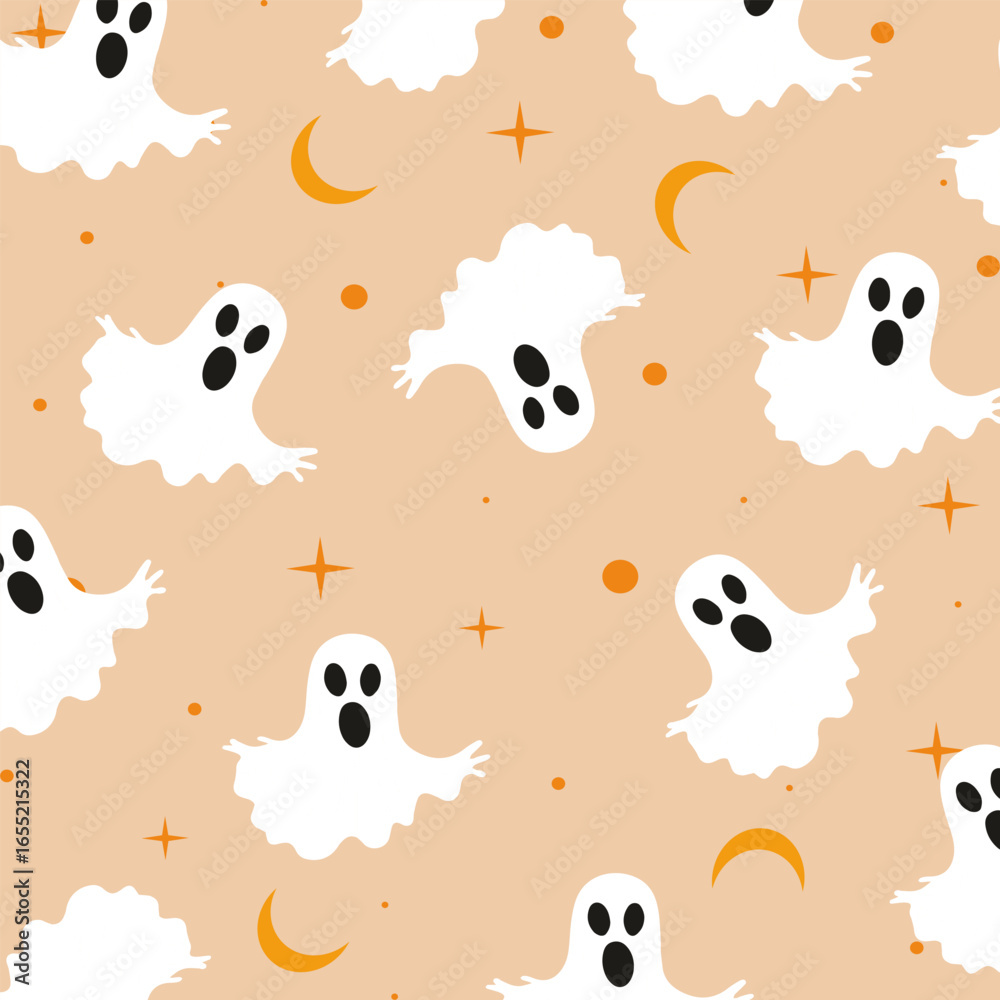 Obraz premium Happy Halloween party, seamless background with cute ghost.Holiday cartoon character.Vector