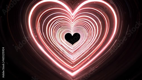 particle heart-shaped tunnel, luminous stripes rotating inward