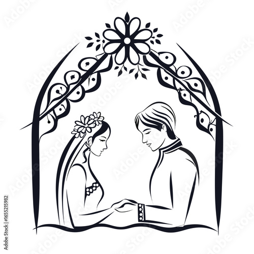 Stylized Wedding Illustration Depicting a Bride and Groom Exchanging Flowers Under a Floral Canopy, Evoking Romance and Commitment