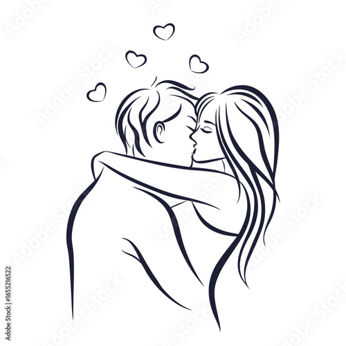 Passionate Embrace A Line Art Depiction of a Loving Couple Sharing a Kiss Surrounded by Hearts