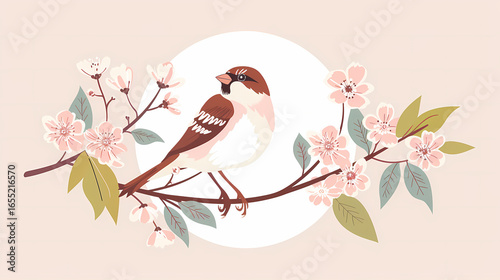 Cheerful sparrow perched on a pink cherry blossom branch representing spring against a soft background