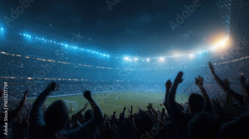 A massive crowd fills the stadium as excited fans cheer enthusiastically for their team. The match unfolds under bright lights, creating an electric atmosphere as players compete fiercely.