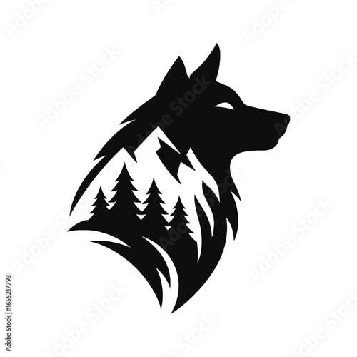 Double Exposure Wolf Silhouette with Forest and Mountain Vector Illustration