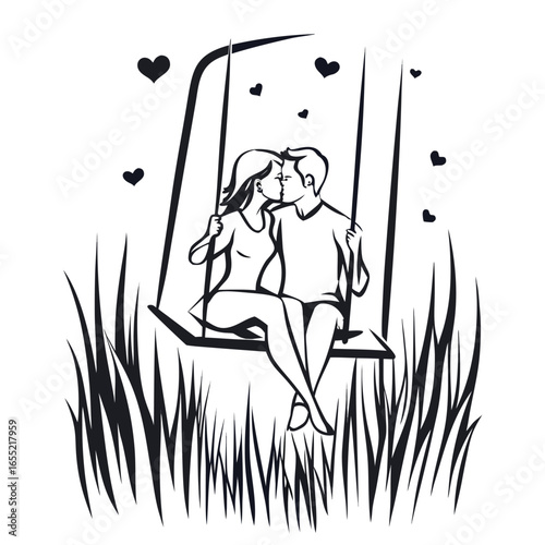 Romantic Moment Couple Kissing on Swing Amidst Tall Grasses Depicted with Minimalistic Black and White Silhouette Style