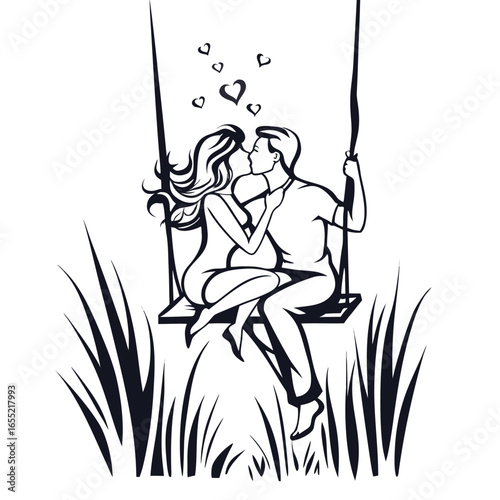 Romantic Moment Couple Kissing on Swing Amidst Tall Grasses Depicted with Minimalistic Black and White Silhouette Style