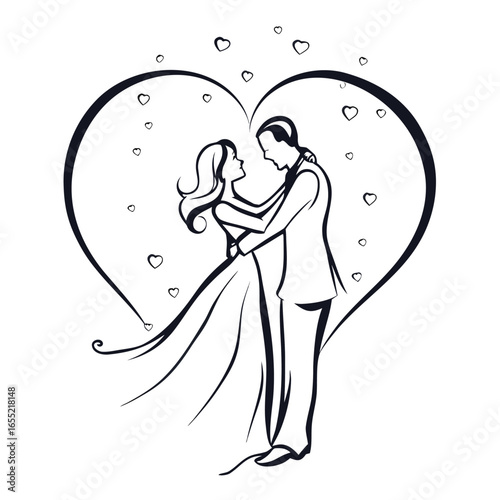Elegant Silhouette of a Romantic Wedding Celebration with Hearts Around a Couple in Love Ready to Kiss