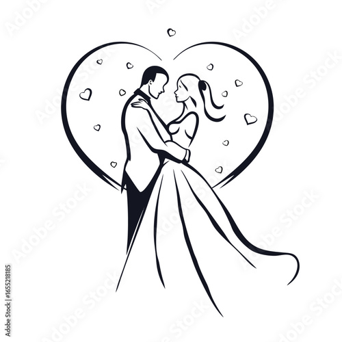 Elegant Silhouette of a Romantic Wedding Celebration with Hearts Around a Couple in Love Ready to Kiss