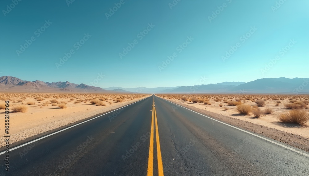 Long, straight highway stretches through flat, arid desert landscape under clear blue sky. Cracked asphalt road flanked by sparse, dry brush, distant, hazy mountains, creating sense of vastness, Long, straight highway stretches through flat, arid desert landscape under clear blue sky. Cracked asphalt road flanked by sparse, dry brush, distant, hazy mountains, creating sense of vastness,