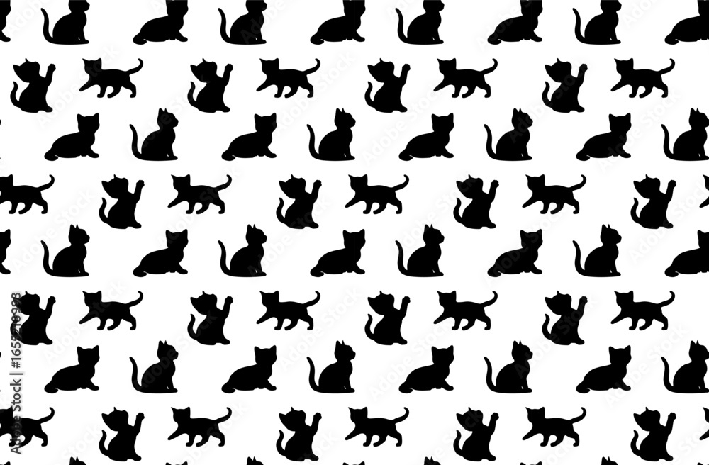 Fototapeta premium Cute kitten silhouette seamless pattern.