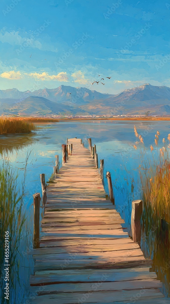 Naklejka premium Serene wooden pier on tranquil lake, mountains in the distance