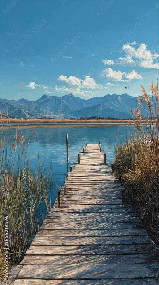 Naklejka premium Tranquil wooden pier leads to a serene lake, mountains in the background